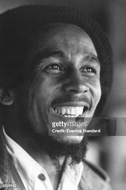 Singer, guitarist and composer of reggae music Bob Marley, , originally Robert Nesta Marley, in London.