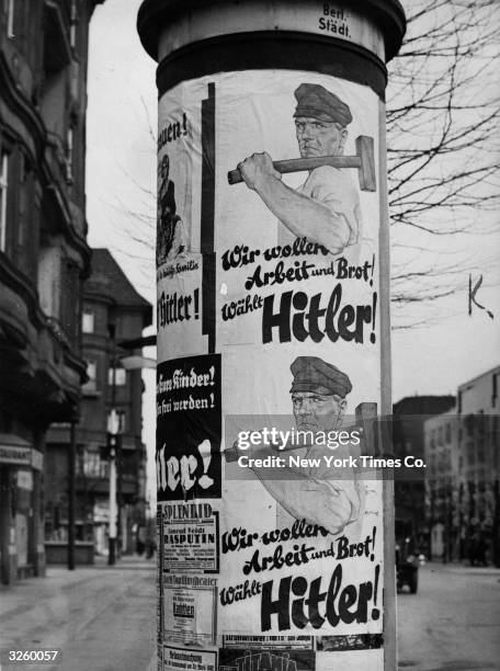 Posters put up all over Berlin urging people to vote for the leader of the German National Socialist Party Adolf Hitler in the Presidential...