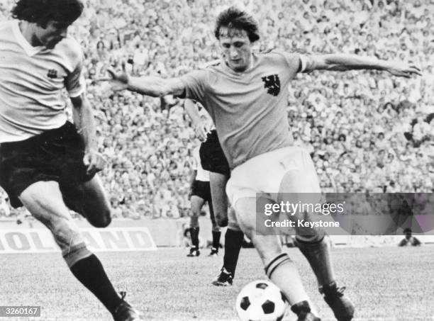 Johan Cruyff, Dutch footballer, in action against Uruguay.