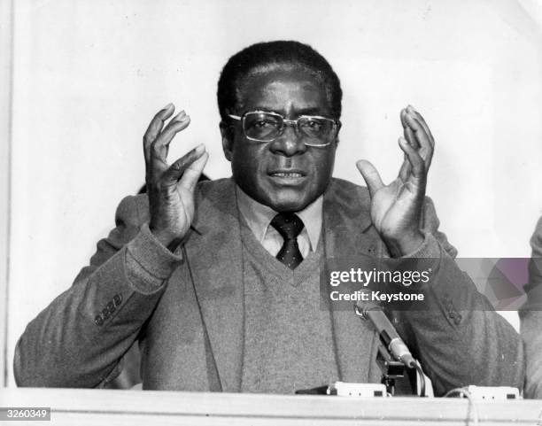 Robert Gabriel Mugabe, first prime minister of independent Zimbabwe, speaks at a press conference.