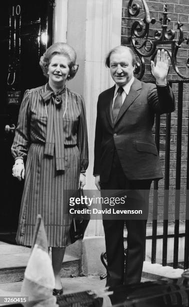 Irish Prime Minister Charles Haughey, on the steps of 10 Downing Street, London, with Margaret Thatcher, the British prime minister.