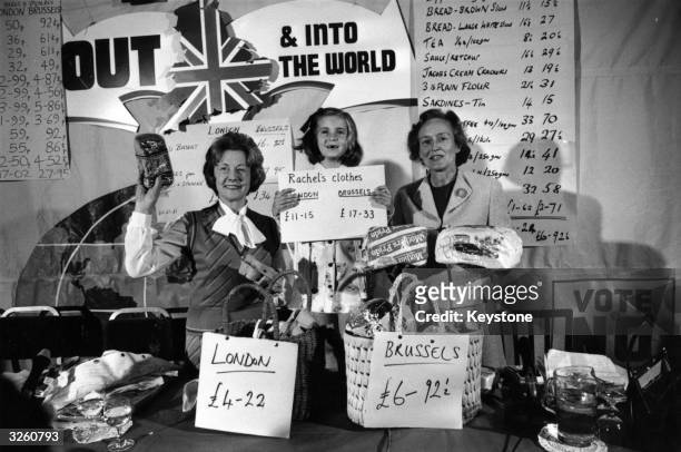 Social Services Minister Barbara Castle and helpers display a variety of goods purchased in London and Brussels with the intention of showing that...