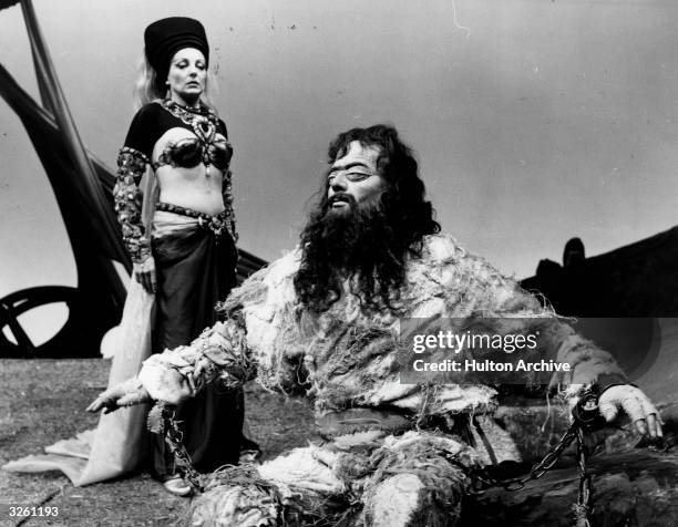 Michael Redgrave and Faith Brook as Samson and Delilah in a scene from 'Samson Agonistes' at the new Yvonne Arnaud Theatre at Guildford.