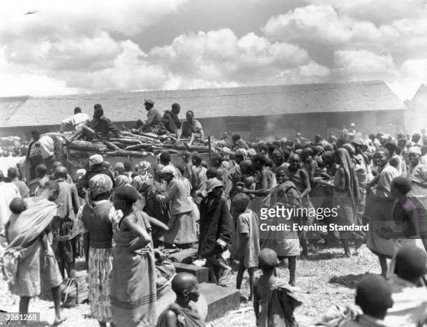 Round up of the Kikuyu people and their property by the British authorities in Kenya during the Mau Mau crisis. Members of the Kikuyu tribe were held...