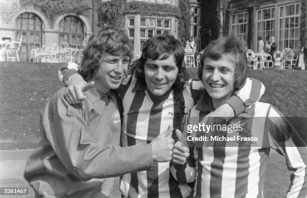 Sunderland players Jimmy Montgomery, Ian Porterfield and Dennis Tueart put their thumbs up for the camera three days before their FA Cup Final...
