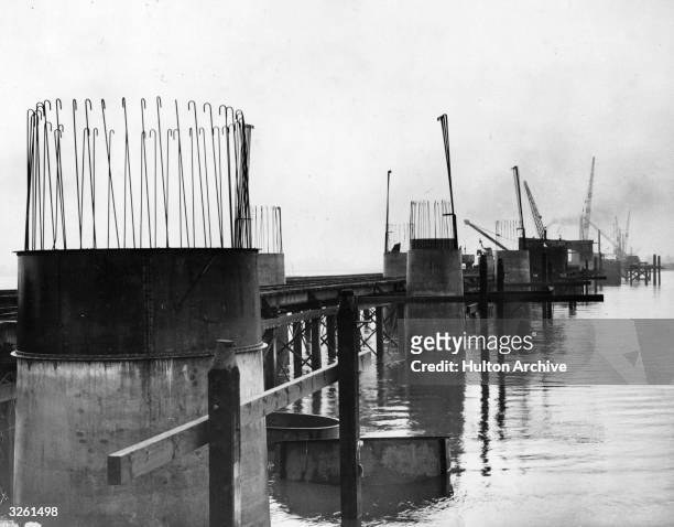 The foundations for a new bridge over the Firth of Forth at Kincardine near Stirling. The bridge, to be completed in 1936, is equipped with a...