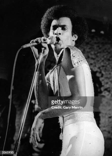 Bobby Farrell, lead singer of pop group Boney M in concert at the Hammersmith Odeon in London.