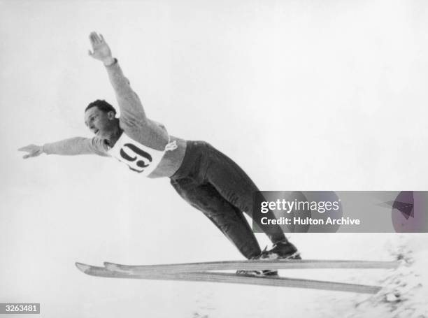 The Swiss entry for the ski-jump competitions, Niklaus Stump, during the Winter Olympics at Saint Moritz.