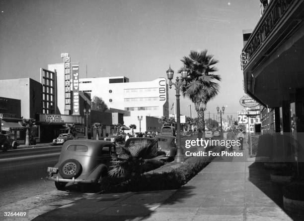 Sunset Boulevard, Hollywood in the 1940's. The Palladium, where Jimmy Dorsey is playing, and the CBS building are visible on the left.