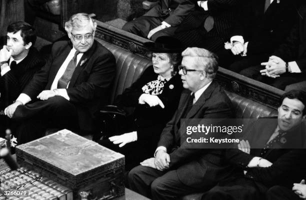 British prime minister Margaret Thatcher and Foreign Secretary Geoffrey Howe seated in Commons, waiting to be summoned by Black Rod.