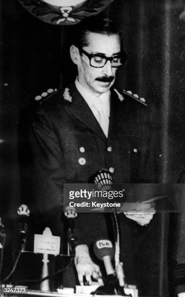 General Jorge Videla, one of the new military leaders in Argentina who have overthrown president Maria Estela Peron, making a speech.