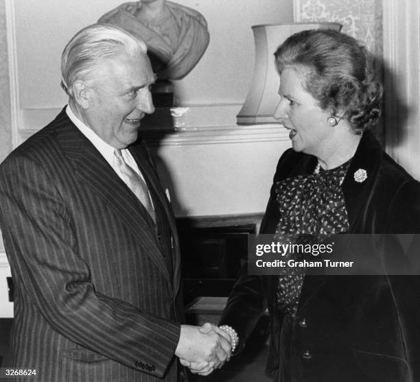 Pierre Werner , the prime minister of Luxembourg, being greeted by Mrs Margaret Thatcher, the British prime minister, at No 10 Downing Street.