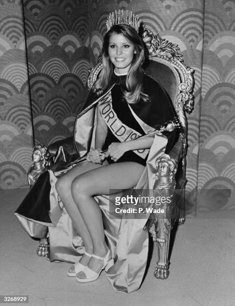 Miss World 1973, Marjorie Wallace, Miss USA, at her investiture at the Royal Albert Hall, London.