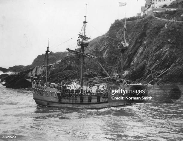 The Golden Hind, a scaled down replica of Drake's ship, seeks shelter in Looe harbour. She is sailing the seas off Devon and Cornwall to advertise...