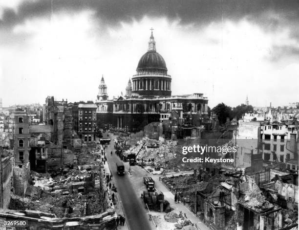 Bomb damage around St Paul's Cathedral in the City of London.