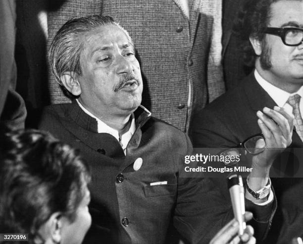 Sheikh Mujibur Rahman the Bangladesh leader in London at a press conference after he had been released by president Yahya Khan in Pakistan.