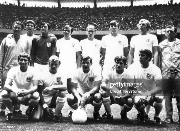 The England football team. Back row, from left: Shepherdson, B Labone, Gordon Banks, T Cooper, Bobby Charlton, Martin Peters, Bobby Moore and L...