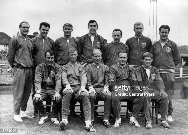 The England football team chosen for their World Cup match against Uruguay, at Wembley Amateur FC ground. Front row, from left: Jimmy Greaves, Jackie...