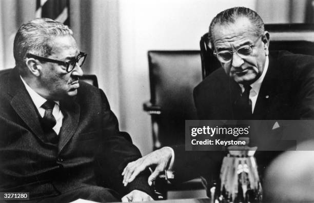 Judge Thurgood Marshall in discussion with statesman Lyndon Baines Johnson, 36th President of the United States of America, following Marshall's...