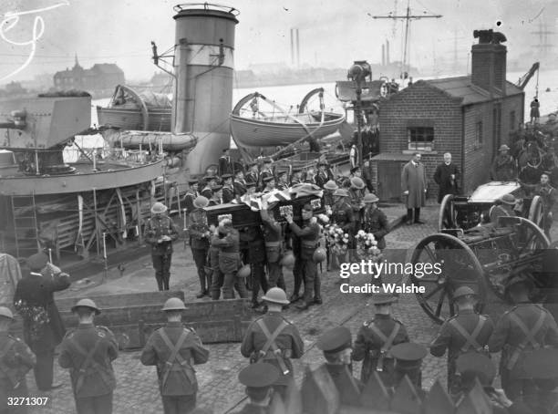 The bodies of British officers killed in Dublin during the Irish War of Independence are taken back to England for burial on the destroyer 'HMS...