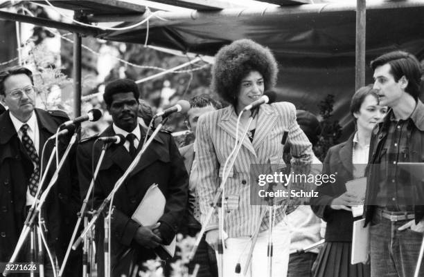 American civil rights activist Angela Davis making an address at the 19th Evangelical Church Day at Hamburg, West Germany. Disarmament is a central...