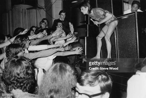 David Bowie in concert at the Hammersmith Odeon, on 3rd July 1973, the last concert performed in the guise of his spacerocker character Ziggy...