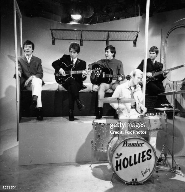 British pop group The Hollies performing in a television studio. The Hollies are Allan Clarke, Bobby Elliot, Graham Nash, Tony Hicks and Eric Haydock.