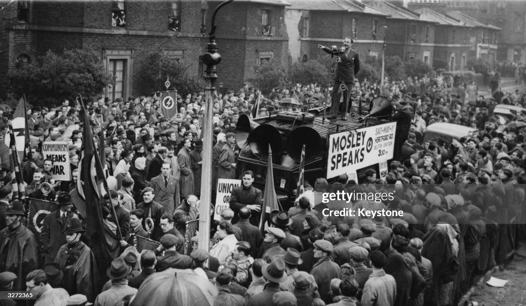 Mosley Rally English fascist leader, Oswald Mosley addresses a large crowd in ...