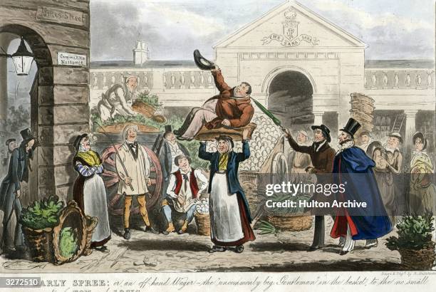 Market porter in London's Covent Garden, carrying a large man in her basket in this cartoon entitled 'An Early Wager; or an off-hand Wager - the...