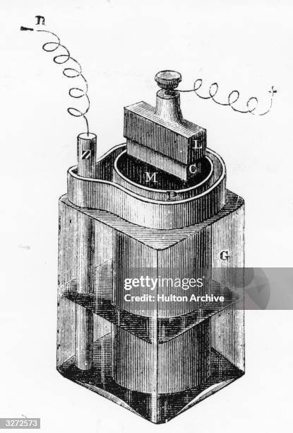 Diagram of the galvanic cell invented by Georges Leclanche , consisting of a central carbon block anode surrounded by small pieces of carbon and...