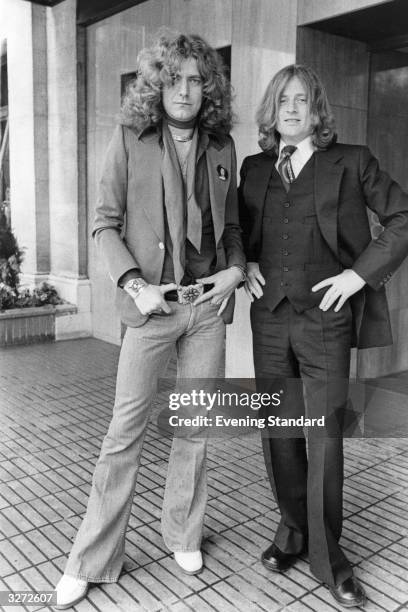 Robert Plant, singer, and John Paul Jones, bass and keyboard player, of the British rock group Led Zeppelin.