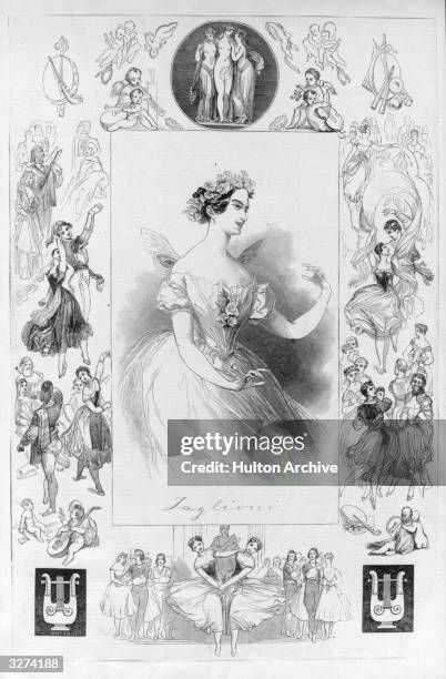 An illustration showing Maria Taglioni the Italian dancer, born in Stockholm to a Swedish mother, who created the 'La Syphide' ballet, surrounded by...