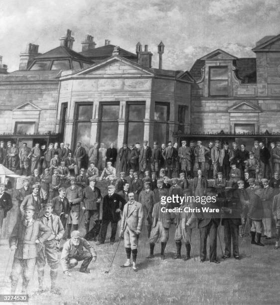 Golfers attending the Open Golf Championship, standing outside St Andrews clubhouse at the golf club in Fife. The Royal and Ancient golf club at St...