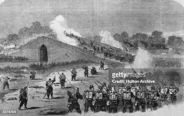 The French legionnaires attack the Pa-Li-Chian bridge, approx 8 miles from Pekin. Sketch was completed by an ILN special artist 22 December 1860.