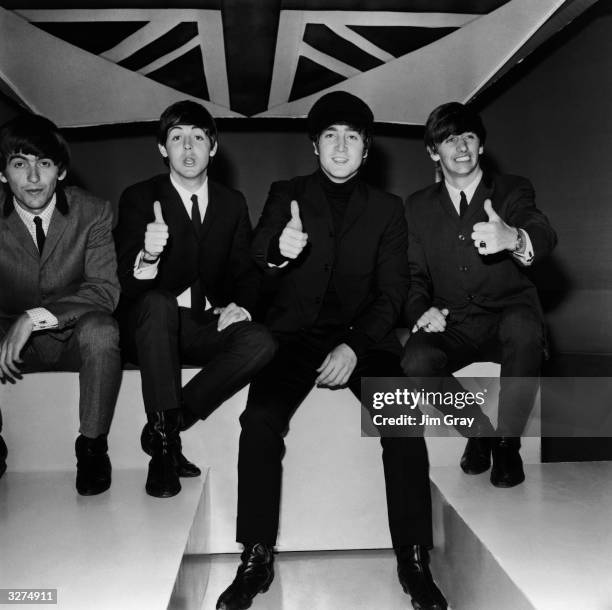 British pop group The Beatles at the ABC Television Studios in Teddington for their next TV show 'Big Night Out'. From left to right: George Harrison...