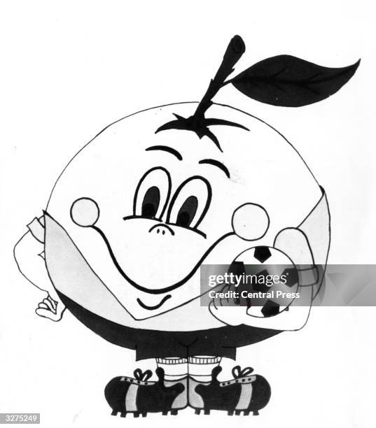 Drawing of 'Naranjito', the mascot chosen for the 1982 Football World Cup games being held in Spain, dressed in the uniform of the Spanish team and...