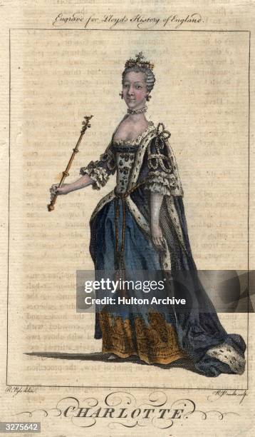 Charlotte Sophia of Mecklenburg-Strelitz Queen Consort of King George III of England, an engraving for Lloyd's History of England. She is holding a...