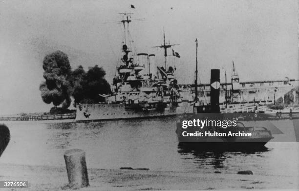 German battleship, the Schleswig-Holstein, bombarding the Polish coast at Westerplatte, at the start of World War II.