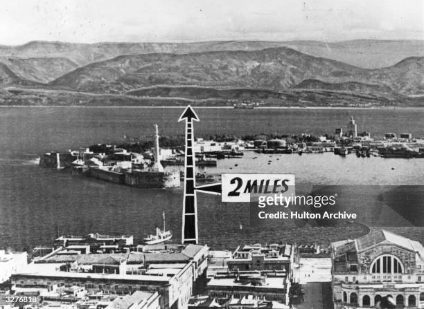 The view from Messina, looking across the straits at the Italian mainland. The arrow indicates that it is only two miles from Messina to San Giovanni...