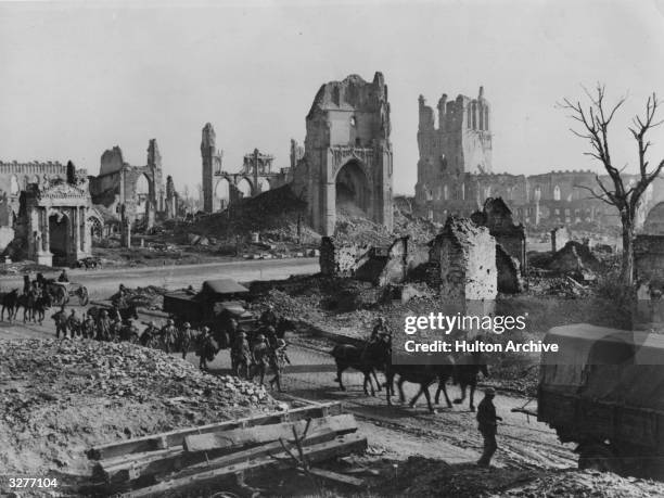 The ruins of St Martins Church and Cloth Hall, Ypres, Belgium.