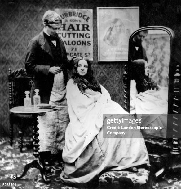 Woman having her hair cut in her hairdresser's studio. London Stereoscopic Company Comic Series - 45