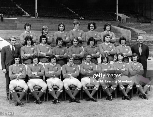 Line up of the Bristol City Football Team, UK, 1972; they are Back Row: Gerry Sweeney, Joe Durrell, Martin Rogers, Paul Crowley, Clive Whitehead, Don...