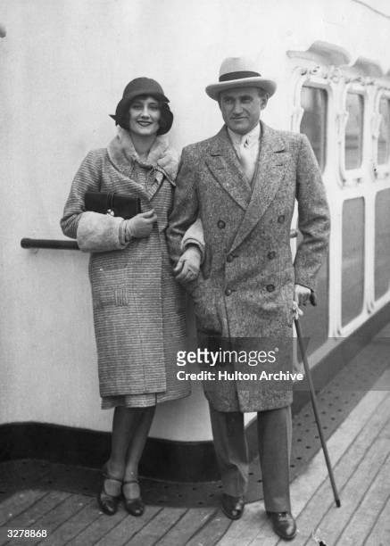 Film producer Samuel Goldwyn with his wife, actress Frances Howard, on the deck of the SS Leviathan, circa 1925.