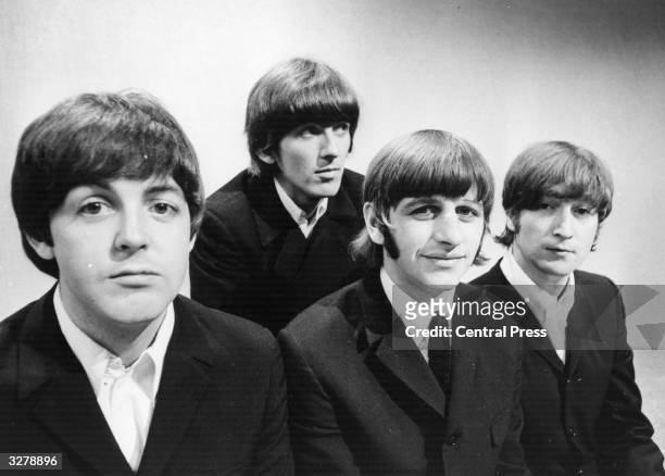 Portrait of British pop group The Beatles Paul McCartney, George Harrison , Ringo Starr and John Lennon at the BBC Television Studios in London...