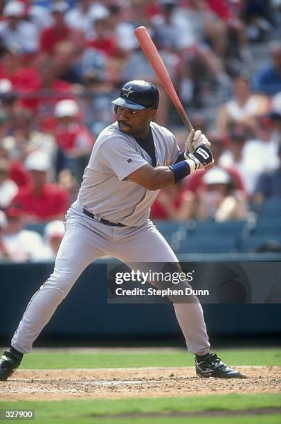 Outfielder Dave Clark of the Houston Astros in action at the plate during the game against the St. Louis Cardinals at Busch Stadium in St. Louis,...