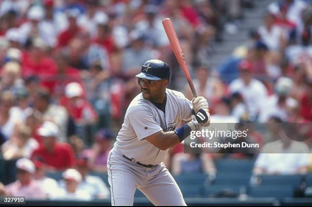 Outfielder Dave Clark of the Houston Astros in action during the game against the St. Louis Cardinals at Busch Stadium in St. Louis, Missouri. The...