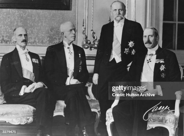 Christian X of Denmark and King Haakon VII of Norway join Gustav V of Sweden and the Finnish President at the royal palace in Stockholm to discuss...