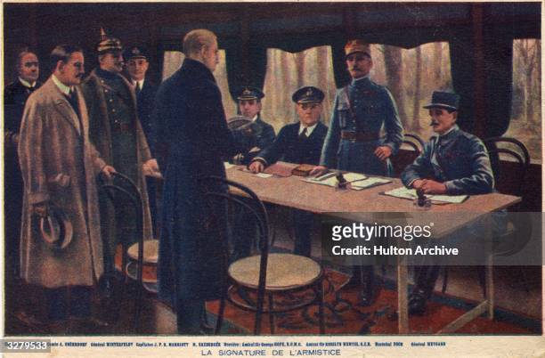Depiction of the signing of the Armistice of 11 November 1918, in a railway carriage at Le Francport near Compiègne, France, ending World War I. Left...