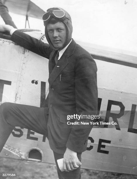 American aviator Charles Lindbergh , after flying his monoplane, 'The Spirit of Saint Louis', to New Jersey.