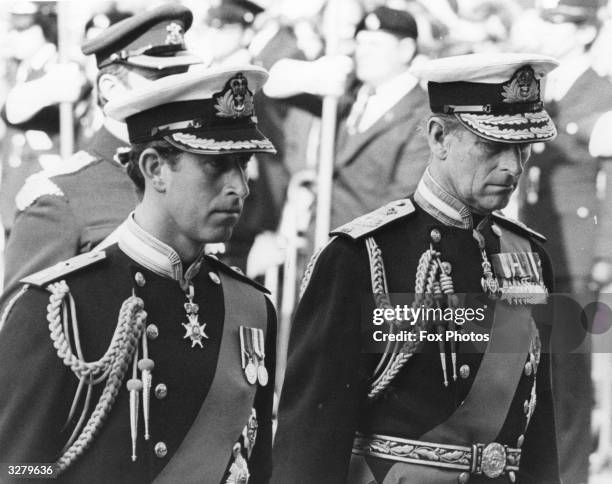 Charles, Prince of Wales and Prince Philip, Duke of Edinburgh attending the funeral of Earl Louis Mountbatten in full Naval regalia, London, 9th...